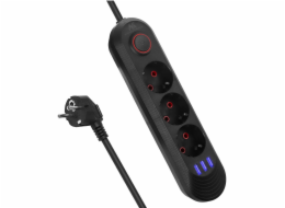 Napájecí lišta Maclean, 3zásuvkový prodlužovací kabel + 3xUSB, 110-240V AC 50/60Hz, 2,1A max. 2500W, 1,5 m, černá, MCE394 B