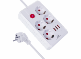 Napájecí lišta Maclean, prodlužovací kabel se 4 zásuvkami + 3xUSB, 110-240V AC 50/60Hz, 2,1A max. 2500W, 3m, bílá, MCE393 W