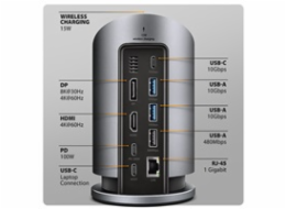 AXAGON HMC-WL9, USB 10Gbps hub s Qi, 3x USB-A, USB-C, HDMI & DP 4k/60Hz, RJ-45 GLAN, PD 100W, kabel USB-C 60cm