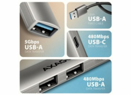 AXAGON HUE-STA, 4x USB ALU STRIP hub, 1x USB-A 5Gbps, 2x USB-A & 1x USB-C 480Mbps, kabel USB-A 12cm