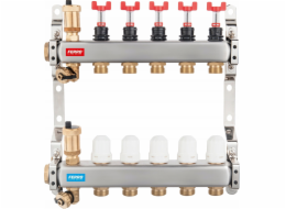 Nerezový rozdělovač 1 3-cestný s termostatickými ventily, průtokoměry, automatickými odvzdušňovacími ventily, vypouštěcími ventily, 3/4 vsuvkami