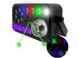 LIGHT4ME PARTY V LED RGBW-UV 6v1 multiefektové světlo efekt včelí oko bílé UV stroboskopické světlo vodní vlna par 2x laser R/G