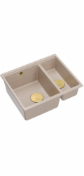 GraniteQ LOGAN 150 perleťově béžový dřez 56x46x22 cm 1,5-dřez bez zapuštění + ruční sifon zlatý, úspora místa