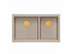 GraniteQ ČTVRÁK | LOGAN 120 | žulový kuchyňský dřez PEARL BEIGE + MĚDĚNÝ PVD | rozměry: 76 x 45 x 23,5 cm | 2komorová vložka | výška dna skříňky od: 80 cm