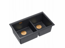 GraniteQ ČTVRÁK | LOGAN 120 | žulový kuchyňský dřez BLACK DIAMOND + MĚDĚNÉ PVD | rozměry: 76 x 45 x 23,5 cm | 2komorová vložka | výška dna skříňky od: 80 cm