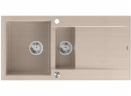 GraniteQ Dřez EVAN 156 se sifonem Push To Open, 1,5dílný, s/bez (1000x500x210; rozměr 420x480) perleťově béžových / ocelových prvků