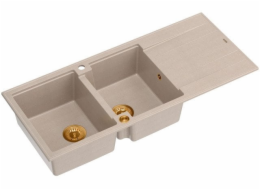 GraniteQ Kuchyňský dřez EVAN 121 se sifonem Push To Open, 2 dřezy s/bez (1160x500x210; rozměr 420x340) perleťově béžové / měděné prvky