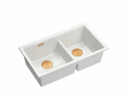 GraniteQ ČTVRÁK | LOGAN 120 | žulový kuchyňský dřez SNOW WHITE + MĚDĚNÝ PVD | rozměry: 76 x 45 x 23,5 cm | 2komorová vložka | výška dna skříňky od: 80 cm