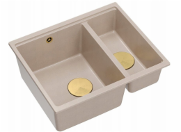 GraniteQ LOGAN 150 perleťově béžový dřez 56x46x22 cm 1,5-dřez bez zapuštění + manuální sifon měděný, úspora místa
