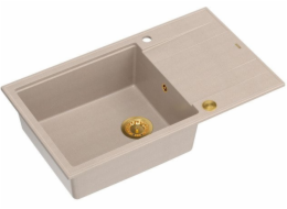 GraniteQ Dřez EVAN 136 XL se sifonem Push To Open, 1 dřez, s/bez (860x500x210; rozměr 420x490) perleťově béžových / zlatých prvků