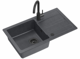 GraniteQ Žulový dřez GO-MAX BLACK 1-kz/o (77x44x17,5) + velmi černá baterie + ruční sifon s velmi černým uzávěrem