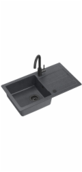 GraniteQ Žulový dřez GO-MAX BLACK 1-kz/o (77x44x17,5) + velmi černá baterie + ruční sifon s velmi černým uzávěrem