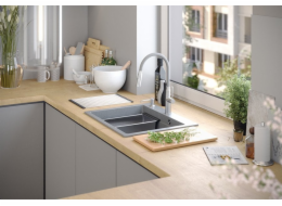 GraniteQ KURT 110 WORKSTATION Dřez Silver Stone, 1 dřez s/bez sifonu a dávkovače + podložka Qmat + deska + odtoková vložka + sada nožů Fiskars