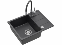 GraniteQ Dřez MIKE 116 z černé žuly, 1 dřez, s/bez (56x44x17,5) + baterie s flexibilním výtokem + sifon + zátka + černá posuvná vložka