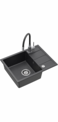 GraniteQ Dřez MIKE 116 z černé žuly, 1 dřez, s/bez (56x44x17,5) + baterie s flexibilním výtokem + sifon + zátka + černá posuvná vložka