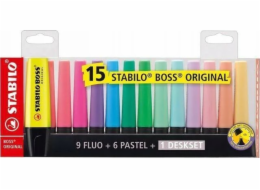 Stabilo Zvýrazňovač Boss, mix barev, 15 ks, pastelové a neonové, se stojánkem