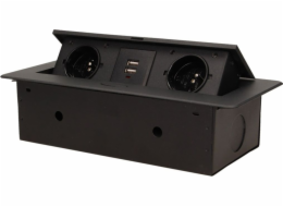 Orno Nábytková zásuvka zapuštěná do pracovní desky s plochým frézovaným okrajem a USB nabíječkou, 2x2P+Z, 2xUSB, černá