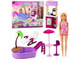LeanToys Panenka Anlily na pláži s bazénem, palmou, stojanem na pití a příslušenstvím