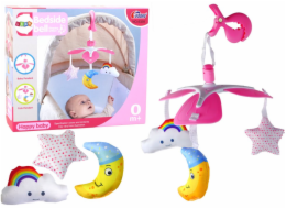 LeanToys Mobilní hrazda do postýlky na baterie s univerzálním klipem a plyšovými přívěsky, růžová