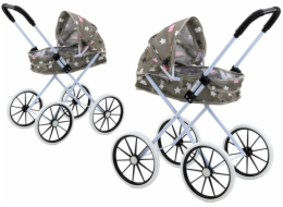 LeanToys Kočárek pro panenky s velkými kolečky, skládací, hvězdy, mraky, šedý, 60 cm, LEAN Toys