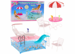 LeanToys Sada pro panenky do letního resortu s bazénem, skluzavkou, lehátky a slunečníkem