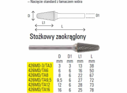 SUZHOU-CHINY SUZHOU-ČÍNA KARBIDOVÝ ROTAČNÍ PILNÍK, KUŽEL, ZAOBLENÝ, 3MM 426MD-3/TA3 SUZHOU-ČÍNA