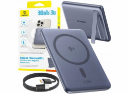 Baseus Powerbank PicoGo AM31 Qi2 5000mAh 20W ultratenká kompatibilní s MagSafe se stojánkem a jednoduchým opleteným kabelem USB-C 20 cm - šedá