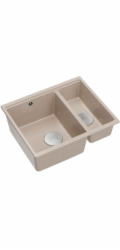 GraniteQ LOGAN 150 perleťově béžový dřez 56x46x22 cm 1,5 dřezu, závěsný + manuální sifon, kartáčovaná ocel, úspora místa