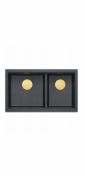 GraniteQ QUADRON | LOGAN 120 | žulový kuchyňský dřez PURE CARBON + PVD GOLD | rozměry: 76 x 45 x 23,5 cm | závěsný 2dřez | výška spodní části skříňky od: 80 cm