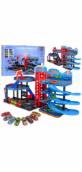 LeanToys Parkoviště s auty, 4úrovňová dráha, 8 kovových vozidel, samolepky