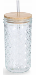 Zeller Sklenice s kovovým brčkem a vzduchotěsným bambusovým víčkem, 580 ml