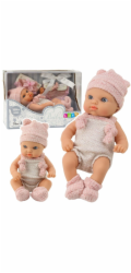 LeanToys Panenka miminko v růžovém oblečku, čepici a bryndáčku, 18 cm