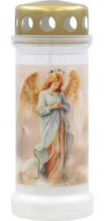 Svíčka hřbitovní parafín s víčkem 170x65 mm bílá anděl (cca 70 h