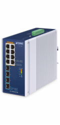 Planet IGS-1000-8UP4X průmyslový L2 switch, 8x1Gb, 4x10Gb SFP+,8x PoE 802.3bt 240W, -40~75°C, dual 48-54VDC,IP30,fanless