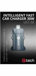 C-TECH nabíječka USB do auta UCC-02, 1x Type C + 1 x Type A, 30W