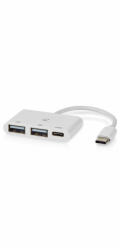 NEDIS USB hub/ 1x zástrčka USB-C/ 1x zásuvka USB-C/ 2x zásuvka USB-A/ 3 porty/napájení z USB/ bílý/ blistr