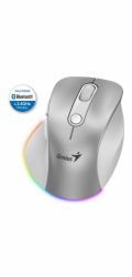 Genius Ergo 9000S Pro Myš, bezdrátová, optická, 2400DPI, 6 tlačítek, BT, 2,4GHz, USB-C nabíjení, tichá, 7barevné podsv.,stříbrná