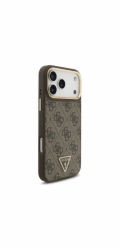 Guess PU Leather 4G Strass Triangle Logo Gold Frame MagSafe kryt iPhone 17 Pro hnedý