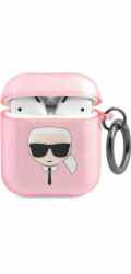 Karl Lagerfeld Ochranný kryt KLA2UKHGP s třpytivou hlavou Karla pro AirPods 1/2 růžový