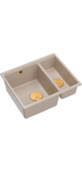 GraniteQ Dřez LOGAN 150 PEARL BEIGE 56x46x22 cm 1,5 dřezu bez nástěnné montáže + manuální sifon měděný, úspora místa