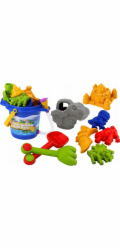 LeanToys Pískoviště , kbelík s lopatkou do sprchy, hrábě, formy s dinosaury