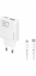 Dudao Nabíječka Dudao A30EUL 30W GaN síťová nabíječka USB-A / USB-C + USB-C - Lightning kabel - bílá