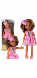 LeanToys Panenka v růžových šatech, dlouhé hnědé vlasy, květinová sponka, LEAN Toys