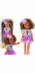 LeanToys Panenka ve fialových šatech, s dlouhými hnědými vlasy a květinovou sponou od LEAN Toys