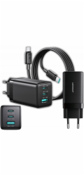 Joyroom Nabíječka Joyroom JR-TG10 65W GaN nástěnná nabíječka 2x USB-C + USB-A se 100W USB-C - USB-C kabelem 1,2 m - černá