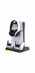 iPega P5S006 Multifunkční Nabíjecí RGB Stojan s Chlazením pro PS5 Slim Black