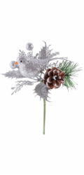 Vetvička MagicHome Vianoce, s vtáčikom, strieborná 17 cm