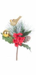 Vetvička MagicHome Vianoce, s vtáčikom, červeno - zlatá, 16 cm