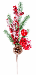 MagicHome Vánoční větvička s bobulemi a šiškou, červená, zasněžená, 32 cm