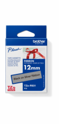 BROTHER TZE-R931 - kazeta TZ šířky 12mm, TEXTILNÍ páska 4m- pro tvorbu dárků - NELEPÍCÍ - STŘÍBRNÁ PÁSKA, ČERNÝ POTISK